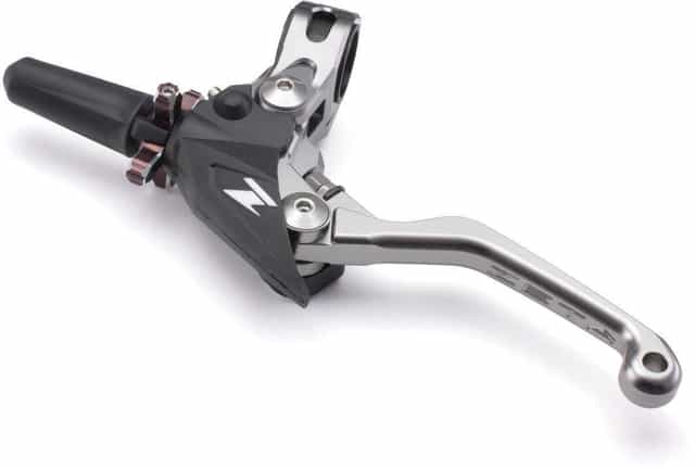 Complete pivot clutch lever perch set with 4-finger design in Ti-colour and red finish.