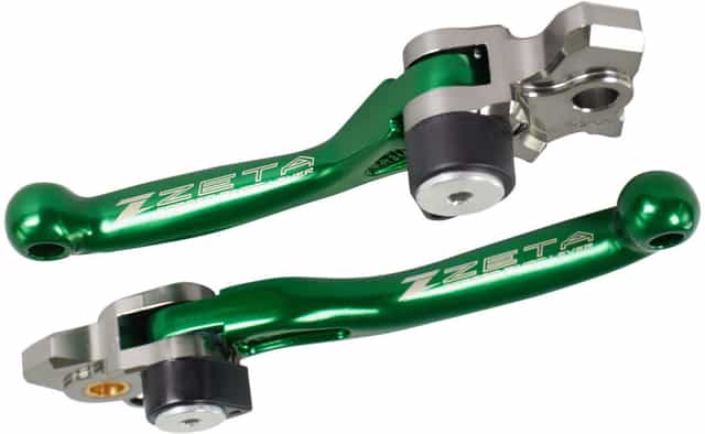 Pivot brake and clutch lever set for KX250 (2021-2022) and KX450 (2019-2022) motorcycles, showcasing high-quality construction and adjustable design.