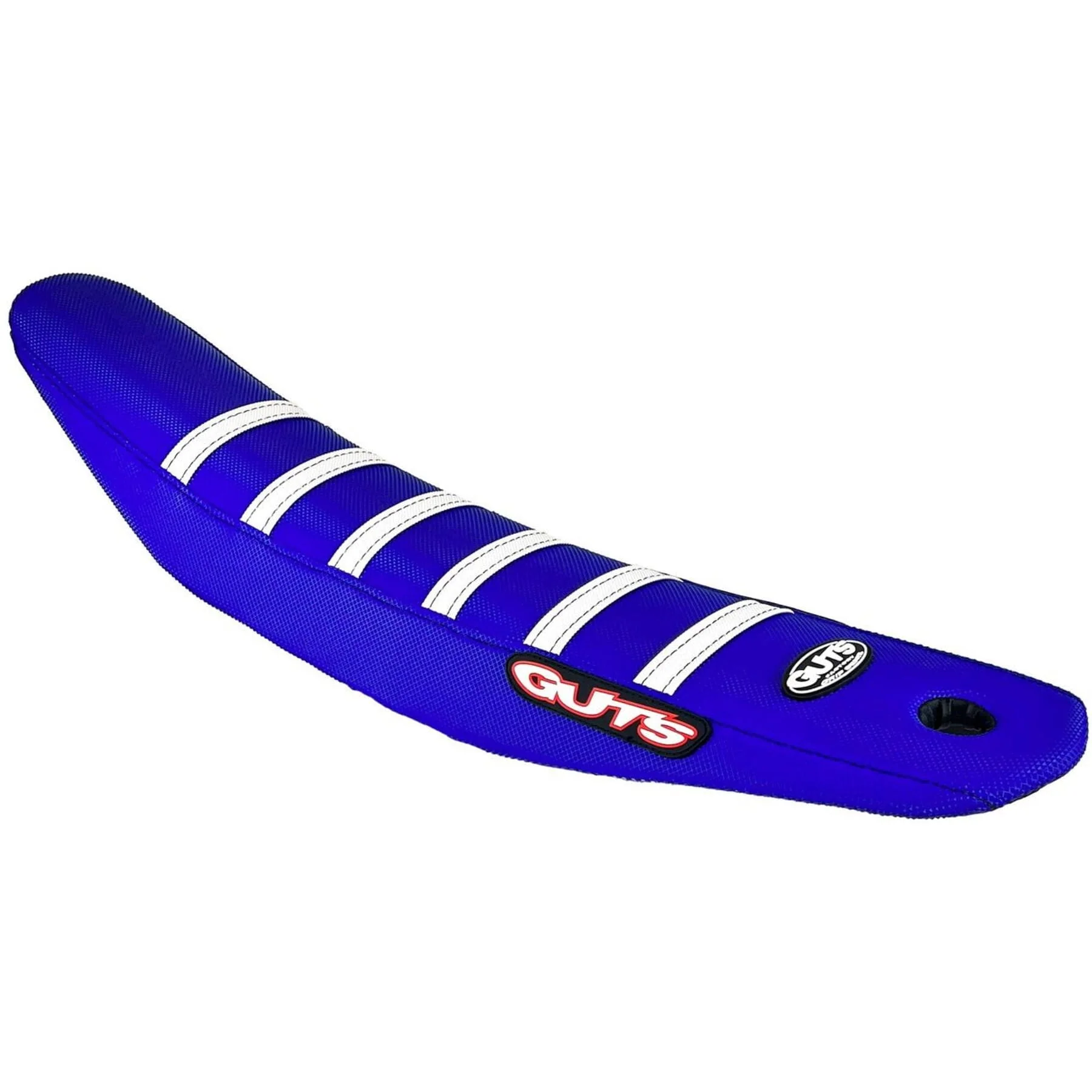 Seat cover in white ribbed design with blue top and sides for YZ250F 2023-2024 and 450F 2023-2025 models.