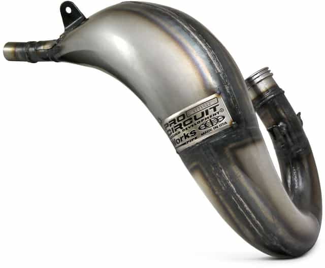 Works Finish pipe for Honda CR125R 2005-2007, showcasing its sleek design and high-performance features in a professional setting.